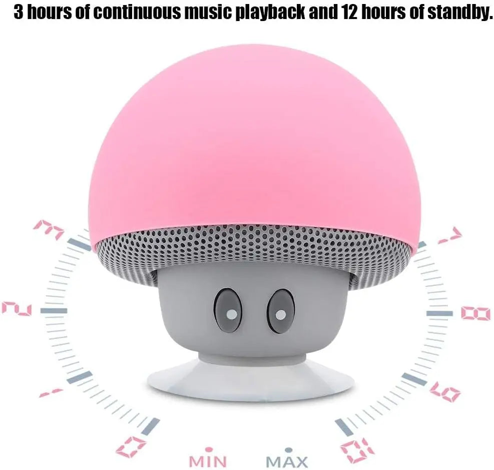 Pink and gray mushroom-shaped speaker with text about music playback and standby time.