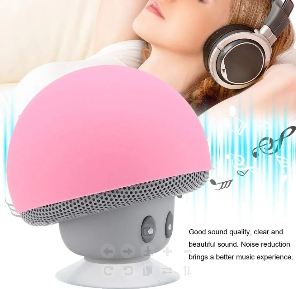 Pink and gray speaker with a person wearing headphones, text about sound quality.