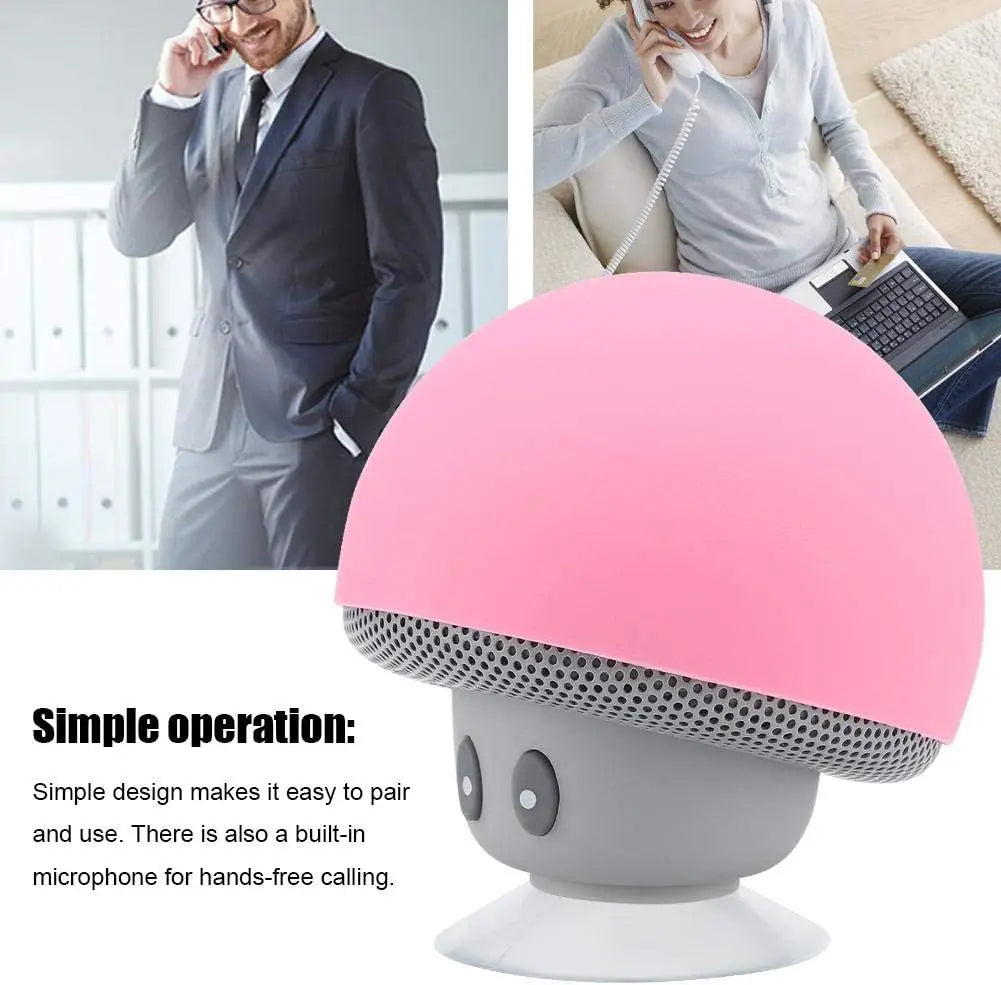 Pink and gray mushroom-shaped speaker with text about its features on a white background.