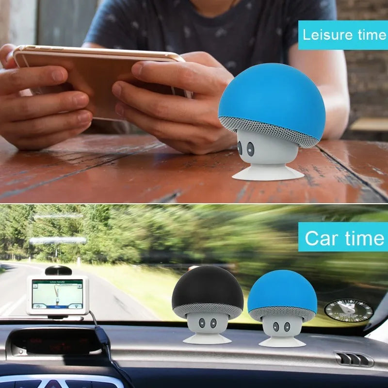 Two mushroom-shaped speakers, one blue and one black, with a person using a phone and a car interior scene.