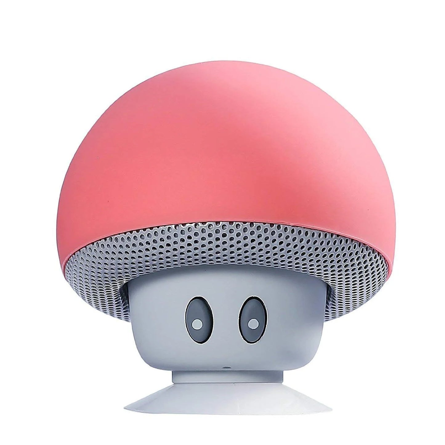 Mushroom-shaped speaker with pink top and gray bottom on a white background