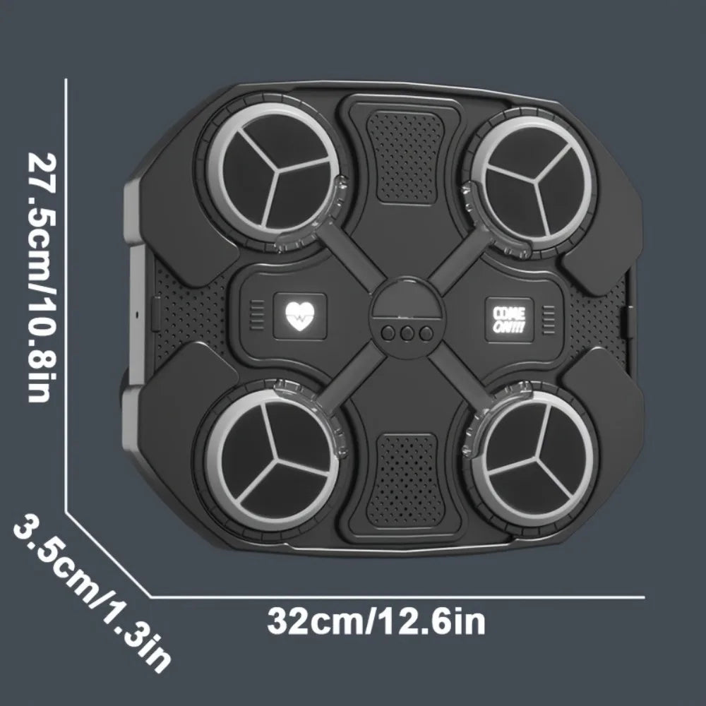 Top view of a black robotic device with measurements on a gray background