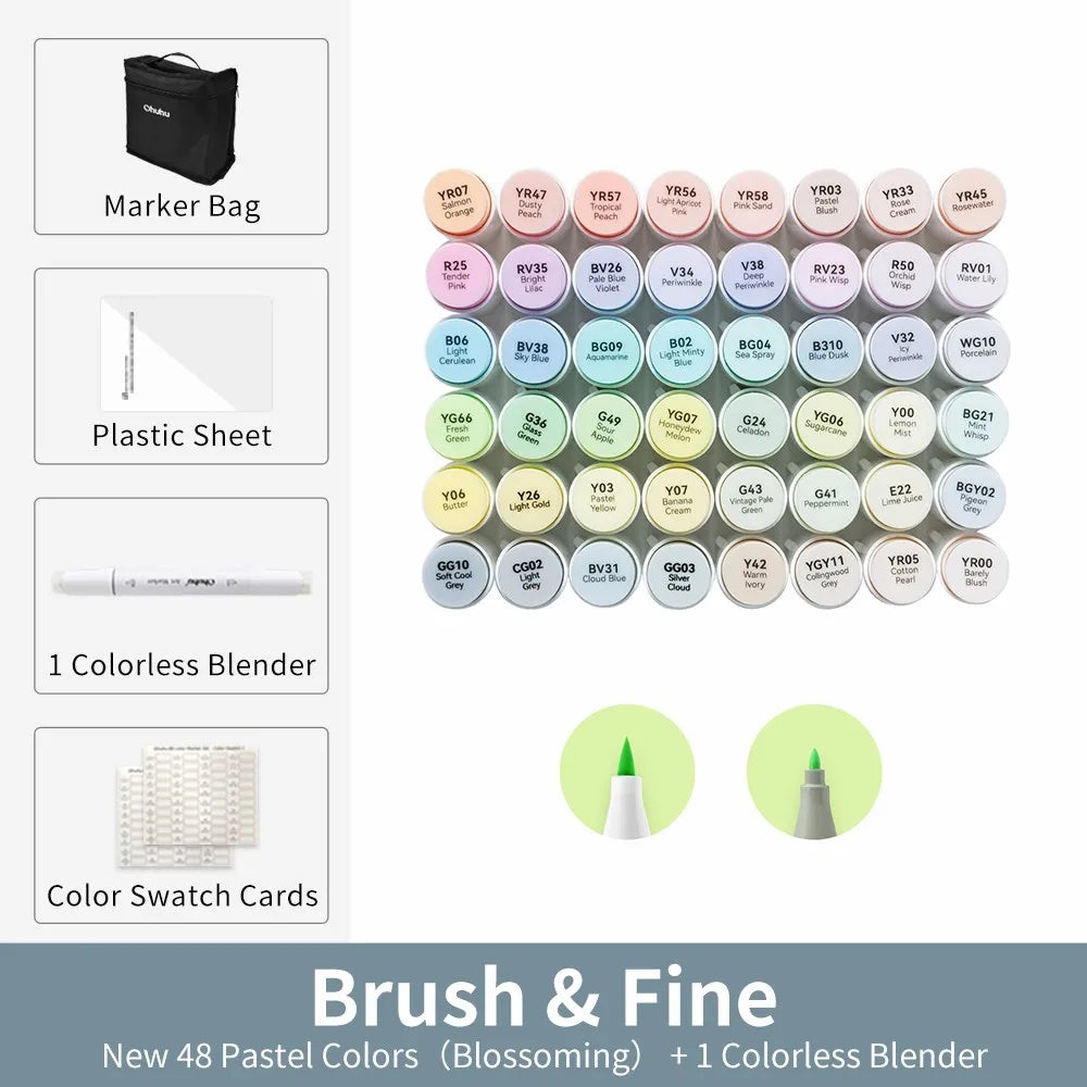 Collection of markers with a marker bag, plastic sheet, colorless blender, and color swatch cards on a white background.