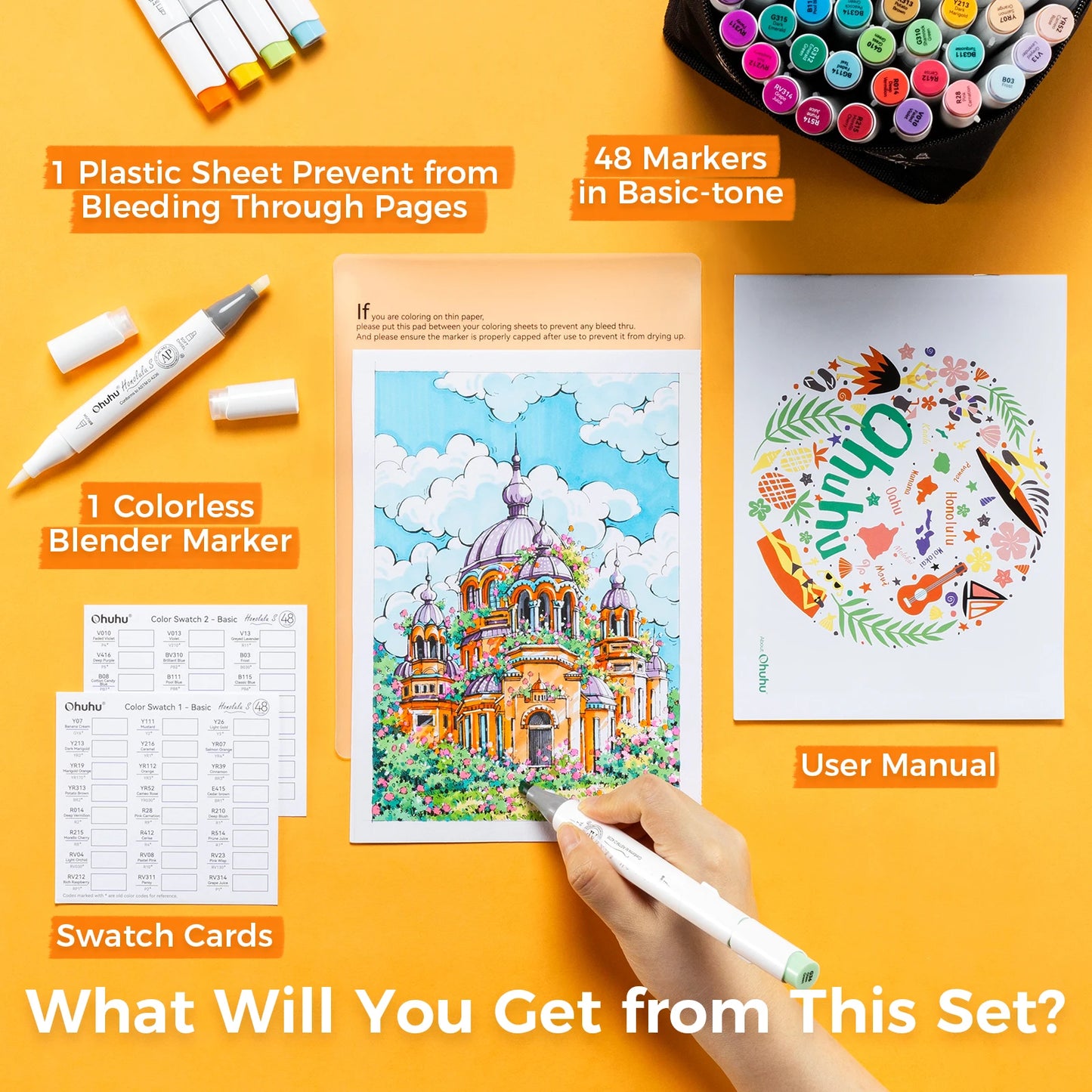 Coloring set with markers, plastic sheet, and user manual on a yellow background