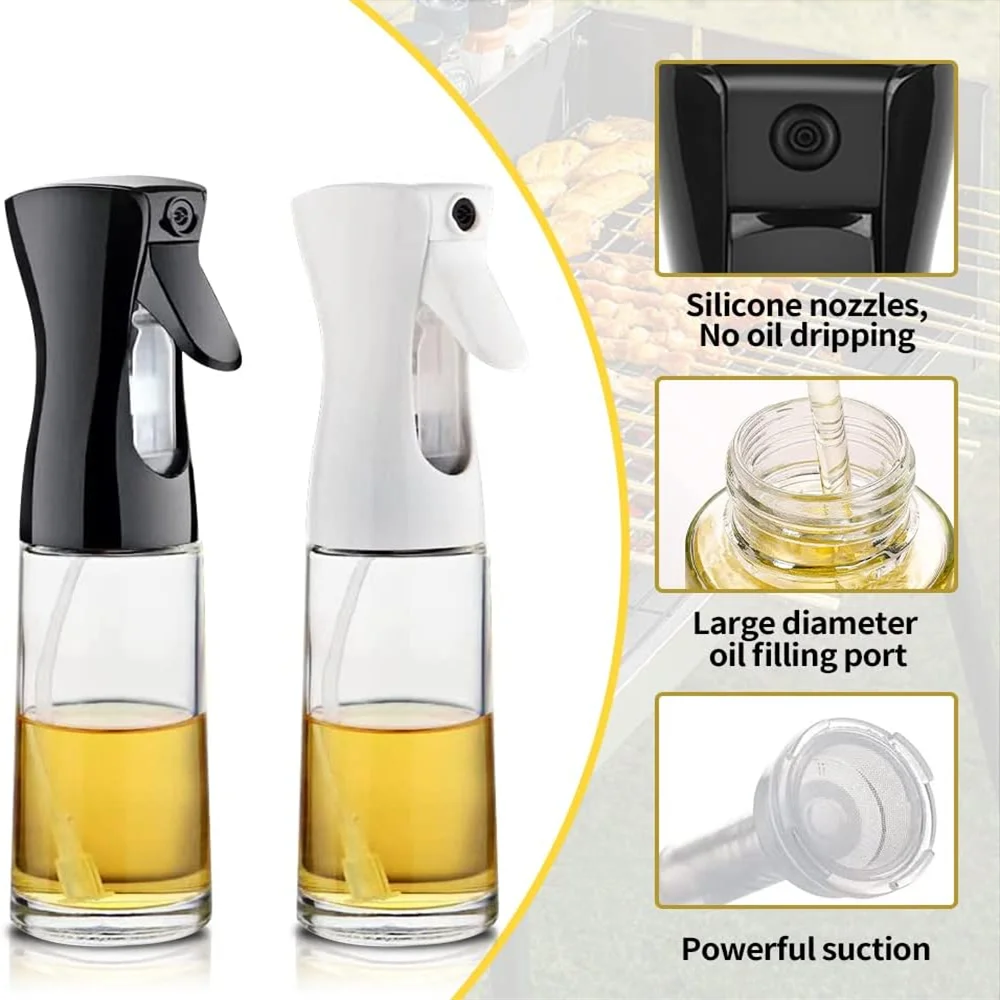 Glass oil sprayer with silicone nozzles and features highlighted on a white background
