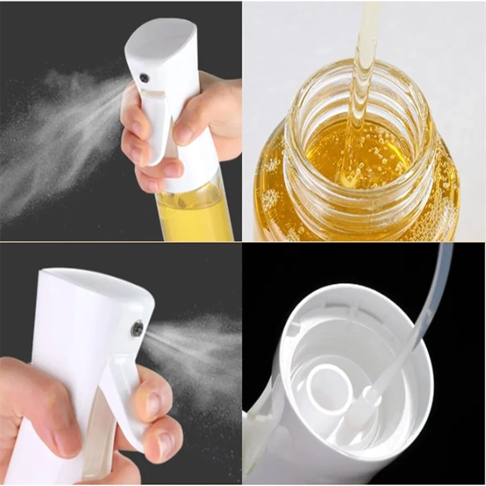 Collage of a white spray bottle with mist being released, honey being poured into a jar, and close-up views of the spray bottle's interior.