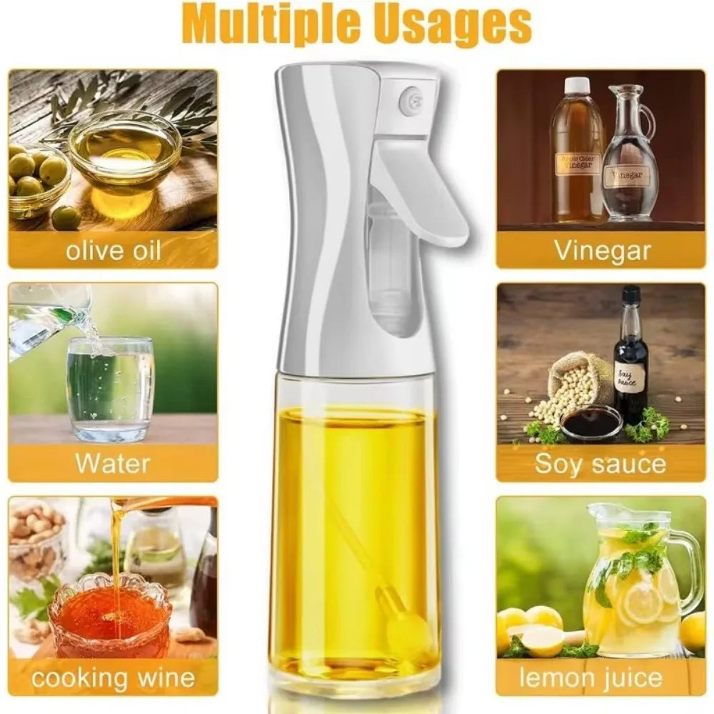Spray bottle with oil being sprayed, surrounded by images of olive oil, vinegar, water, soy sauce, cooking wine, and lemon juice.