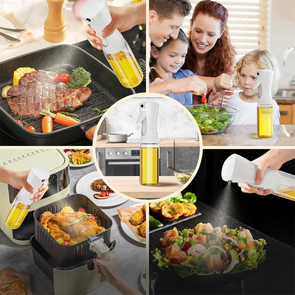 Collage of a kitchen scene with a person using an oil sprayer, cooking, and serving food.