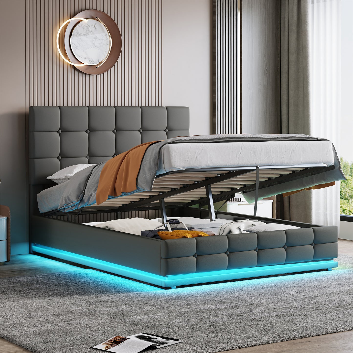 Modern bed with storage compartments in a bedroom setting