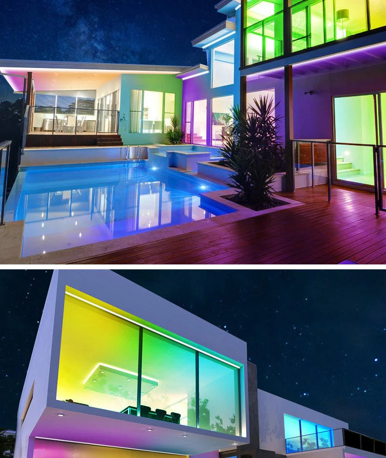 Modern house exterior with colorful LED lighting at night, featuring a pool.