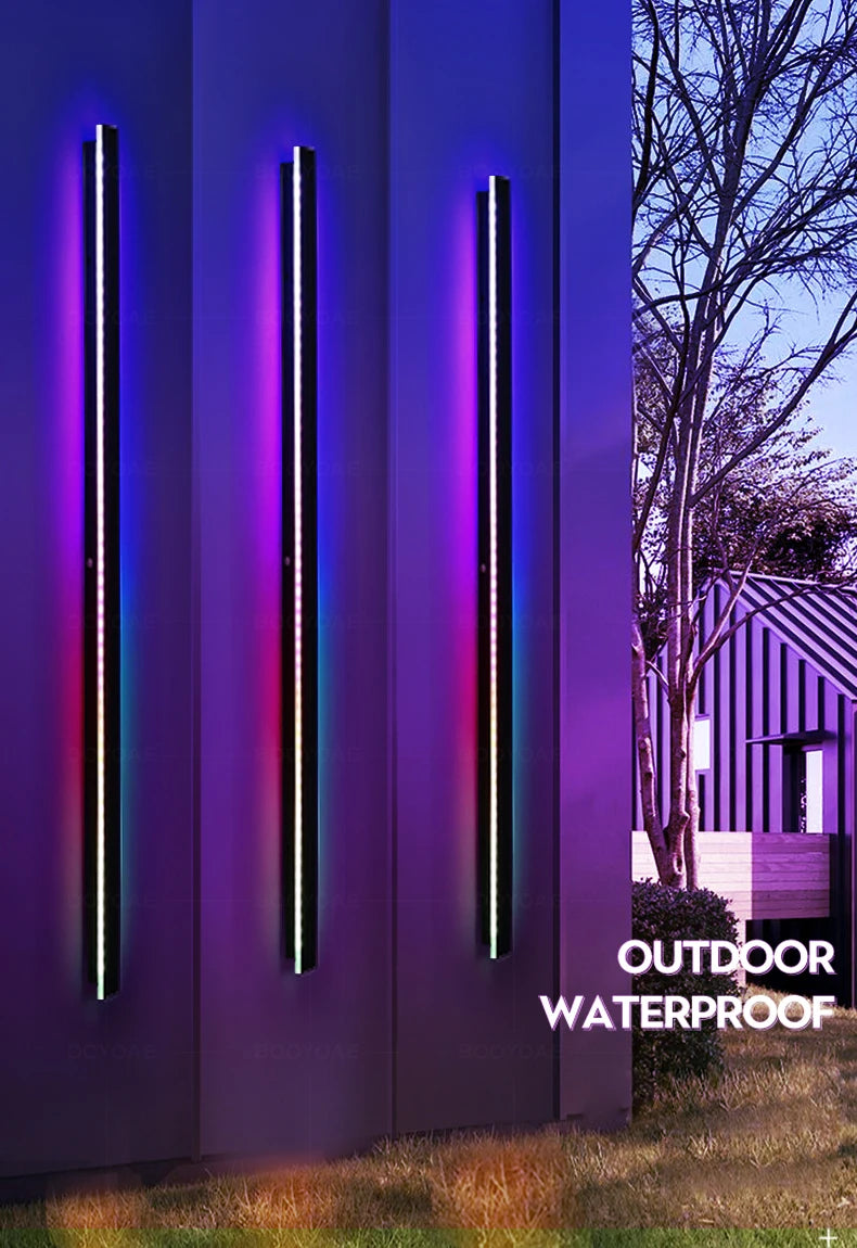 Modern outdoor wall lights on a purple wall with 'Outdoor Waterproof' text.