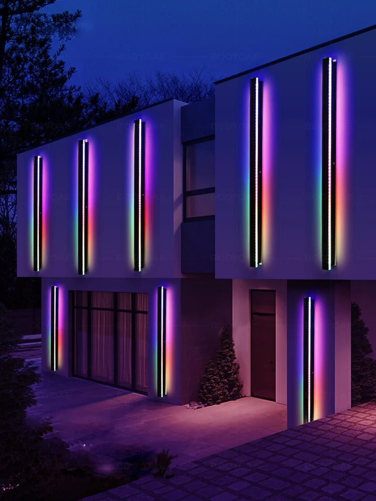 Modern building with colorful neon lights at night