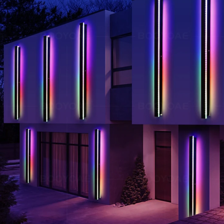 Modern building with colorful neon lights on a dark night