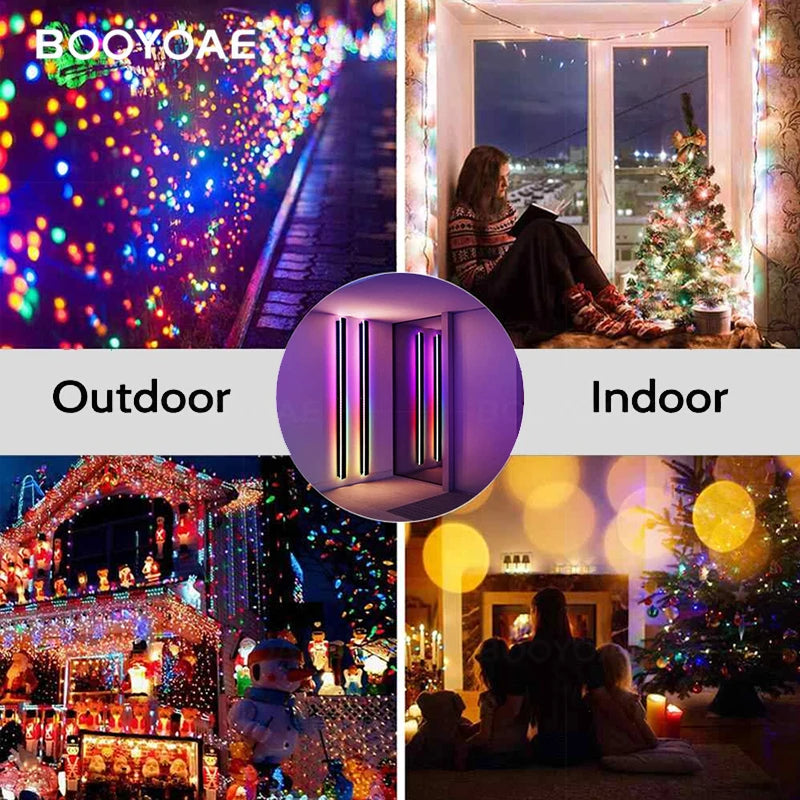 Collage of outdoor and indoor lighting scenes with colorful lights and people enjoying the ambiance.