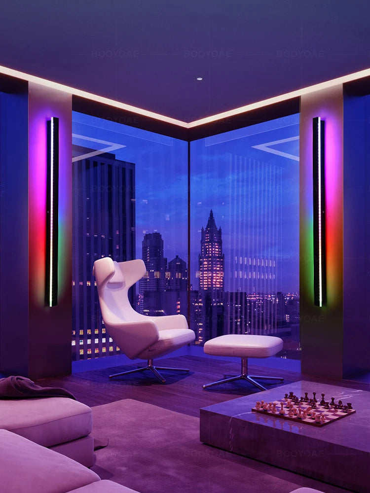 Modern room with a cityscape view, futuristic chair, and neon lights.