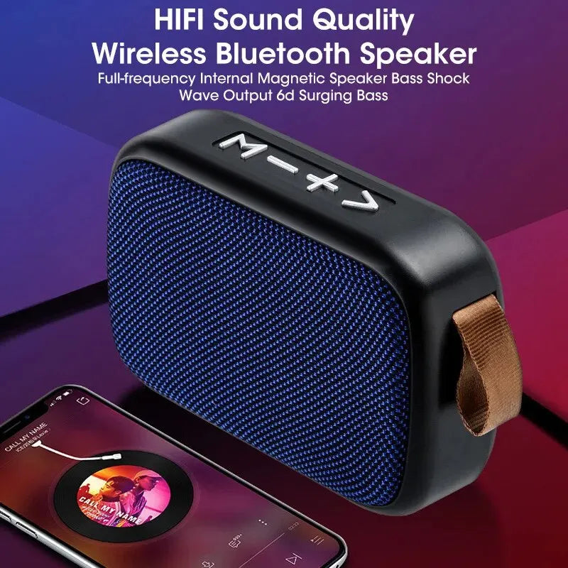 Bluetooth speaker with text about HIFI sound quality on a colorful background