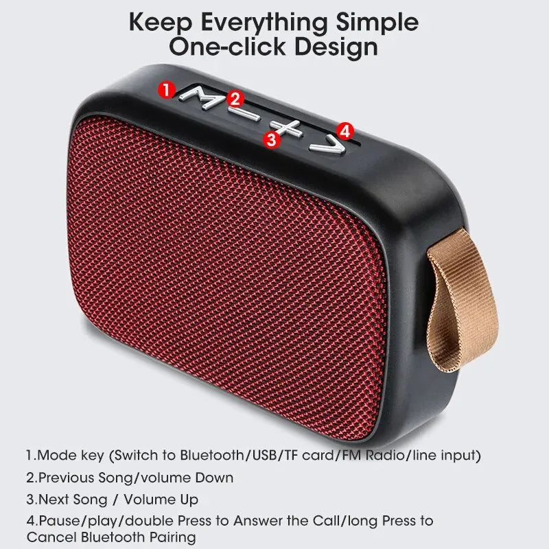 Red and black portable speaker with control buttons on a light gray background