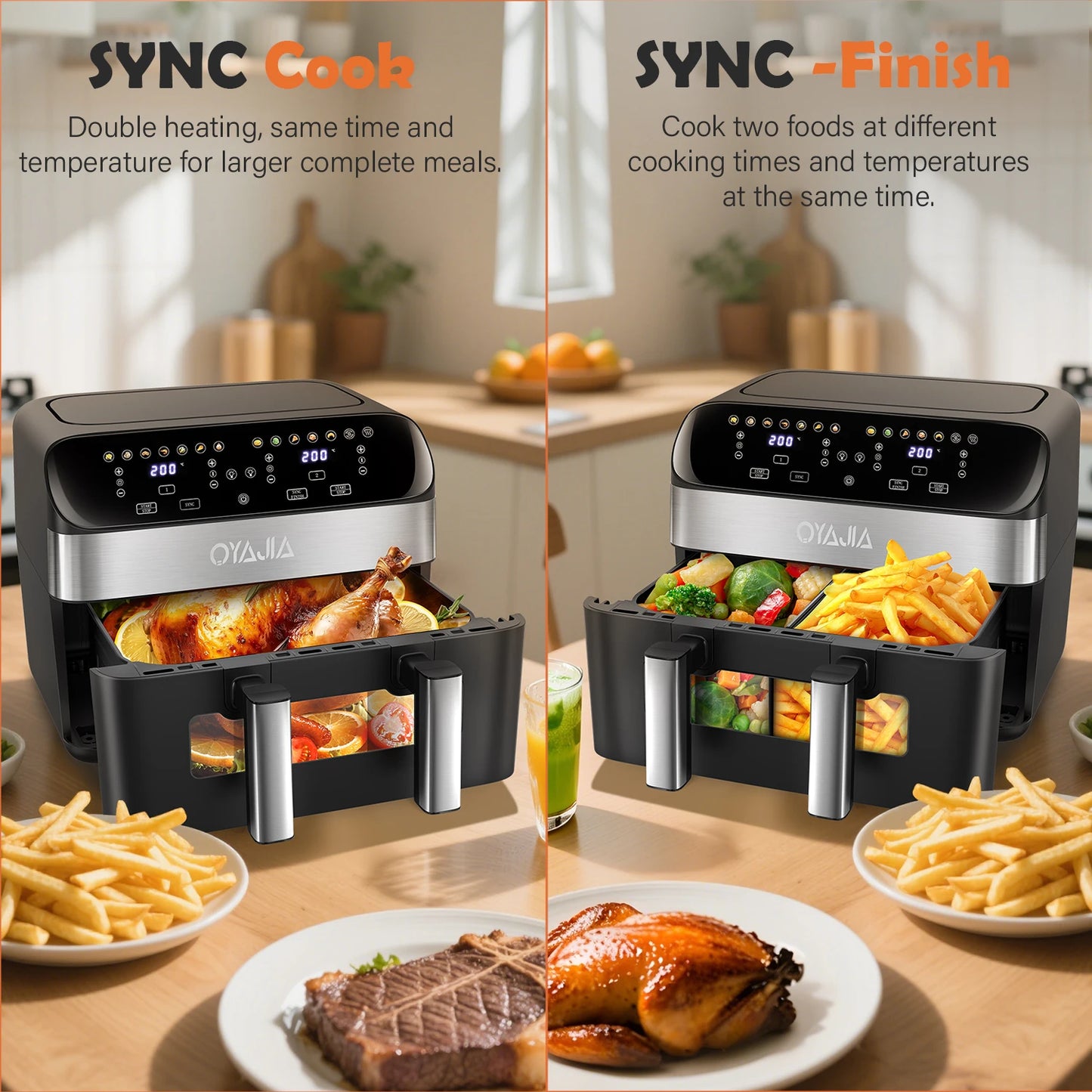 Oyama air fryer with food on a wooden table, featuring 'SYNC Cook' and 'SYNC Finish' text.