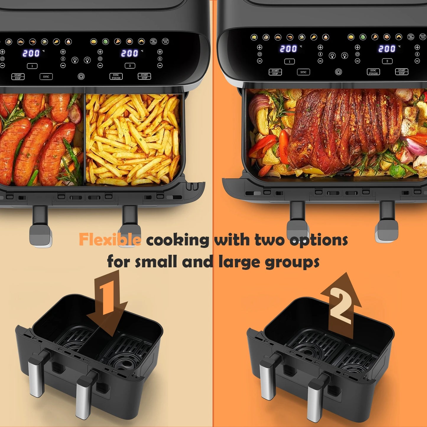 Multifunctional cooking appliance with food items and interchangeable baskets on a beige and orange background.