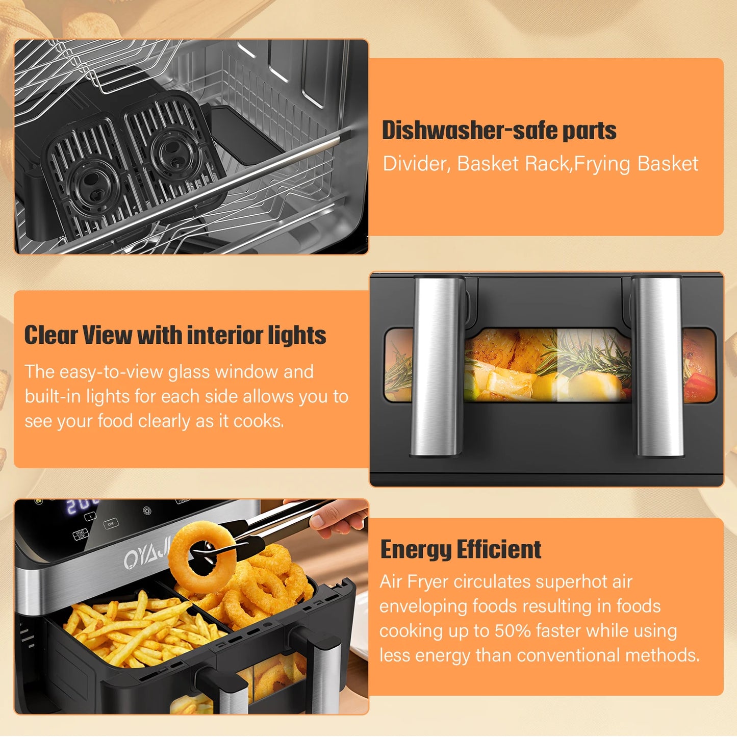 Oya air fryer with features highlighted on an orange background