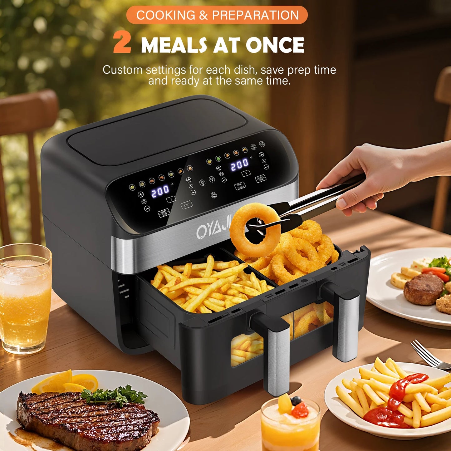 Oyakii air fryer with food on a table, showing cooking and preparation capabilities.