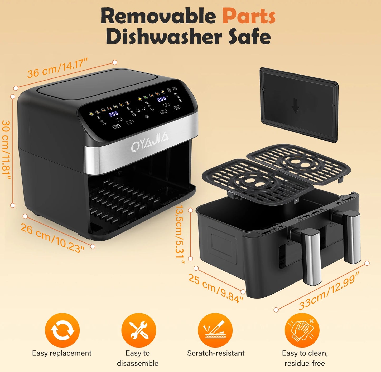 Ouya air fryer with removable parts on a beige background, showing dimensions and features.