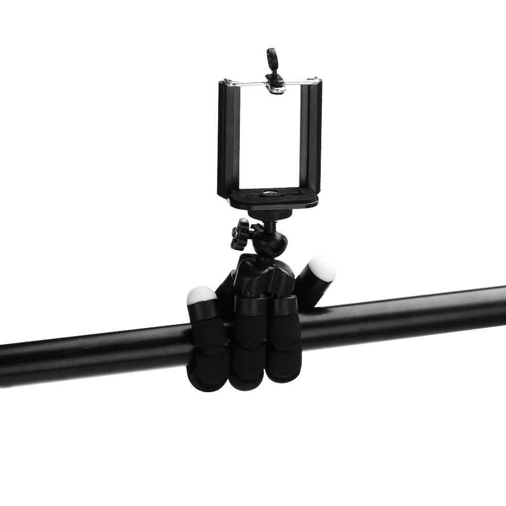 Black smartphone holder with tripod on a white background