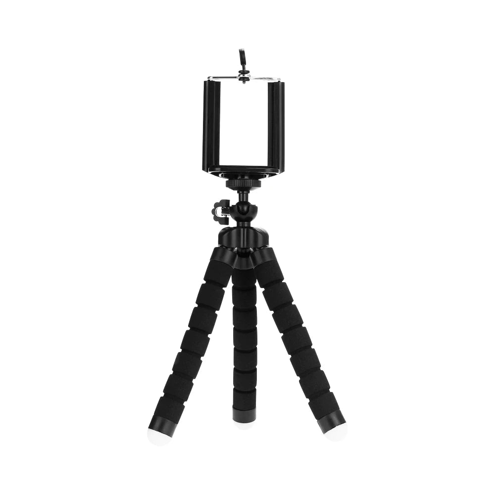 Black camera tripod with adjustable head on a white background