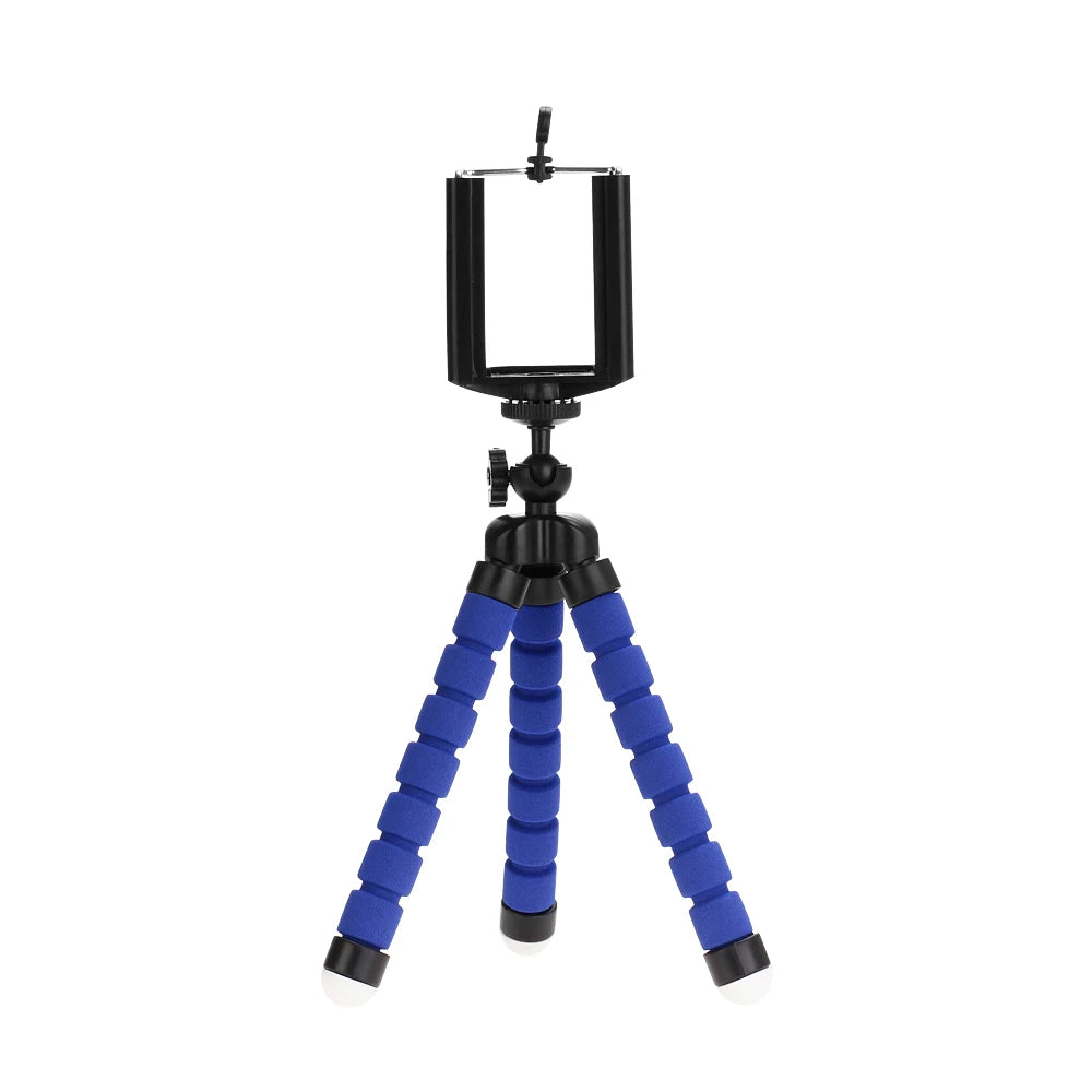 Blue flexible tripod with black smartphone holder on a white background