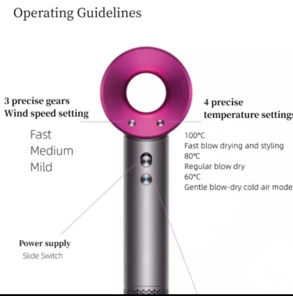 hair dryer with operating guidelines on a white background