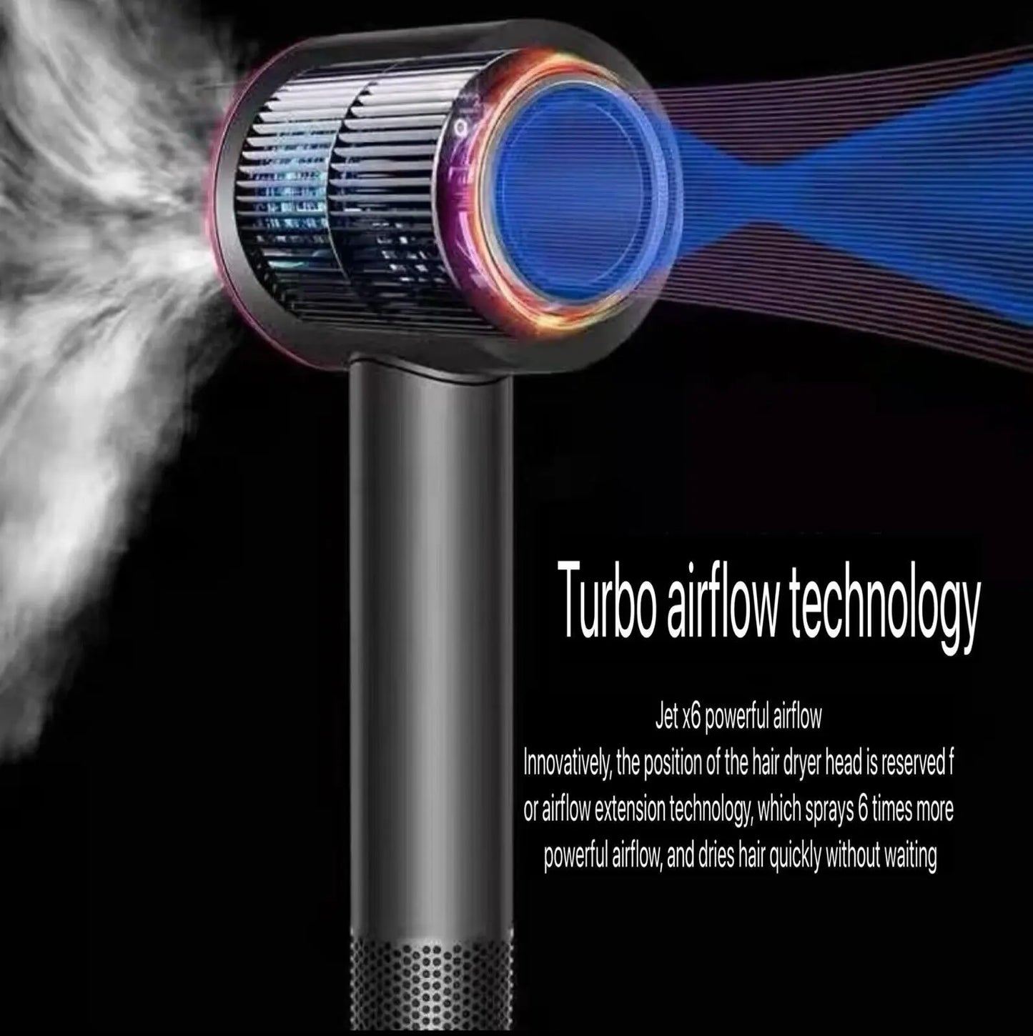 Hair dryer with turbo airflow technology on a black background