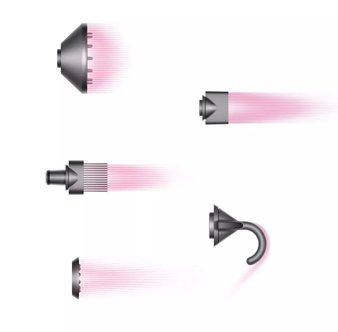 Set of hair dryer nozzles with pink airflow on a white background