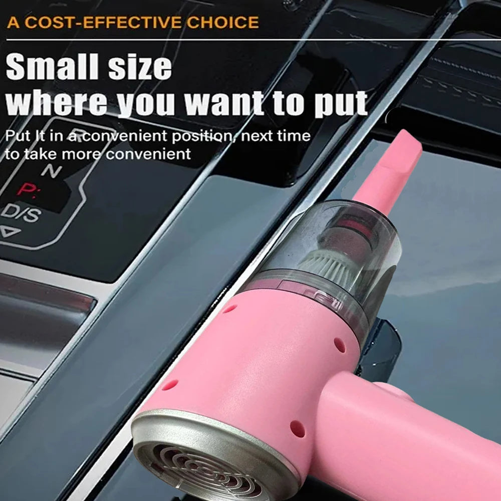 Pink car vacuum cleaner attached to a car window with text about its convenience.