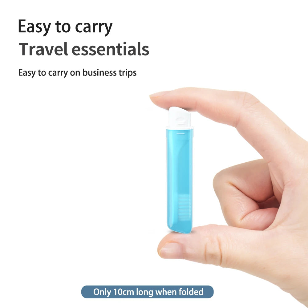 Hand holding a small blue travel essential device with text about its portability.