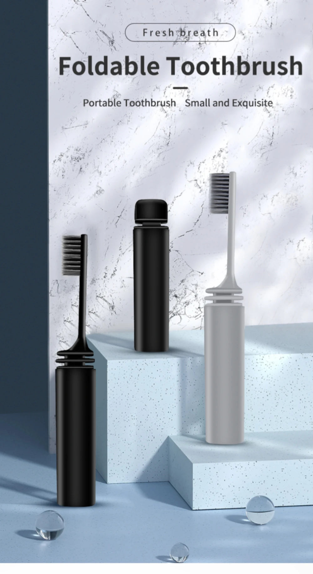Foldable toothbrushes in black and white on a light gray background with 'Fresh Breath' branding.