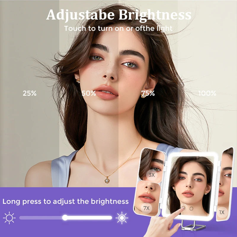 Woman using a digital mirror with adjustable brightness feature.