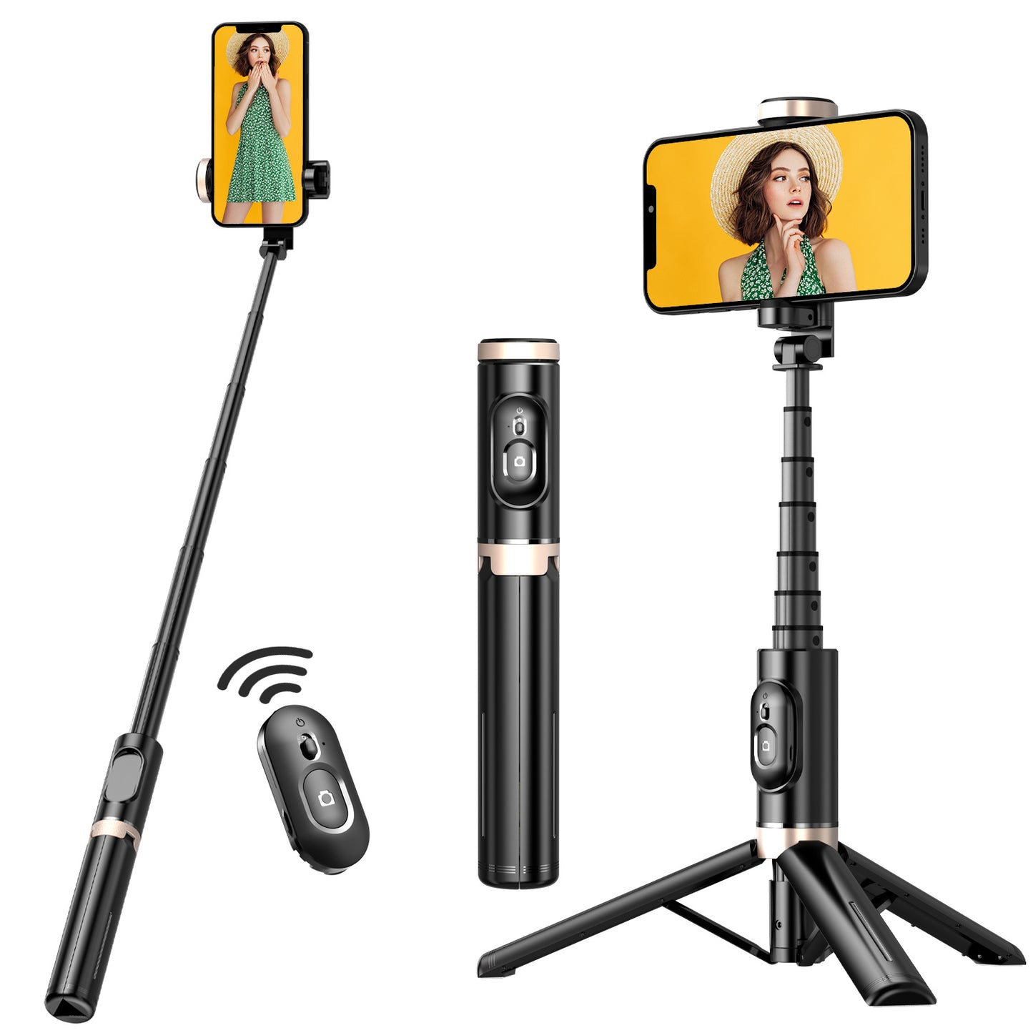 Black selfie stick with smartphone holder and remote control on a white background