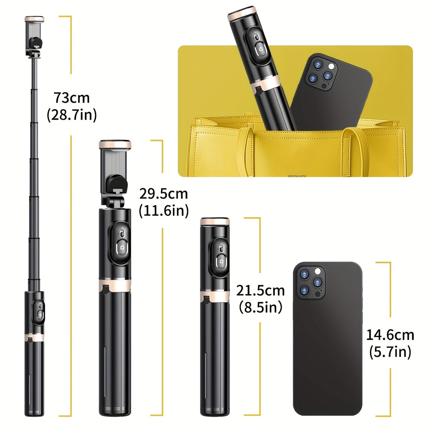 Measurement chart of a selfie stick with smartphone, showing dimensions in centimeters and inches.