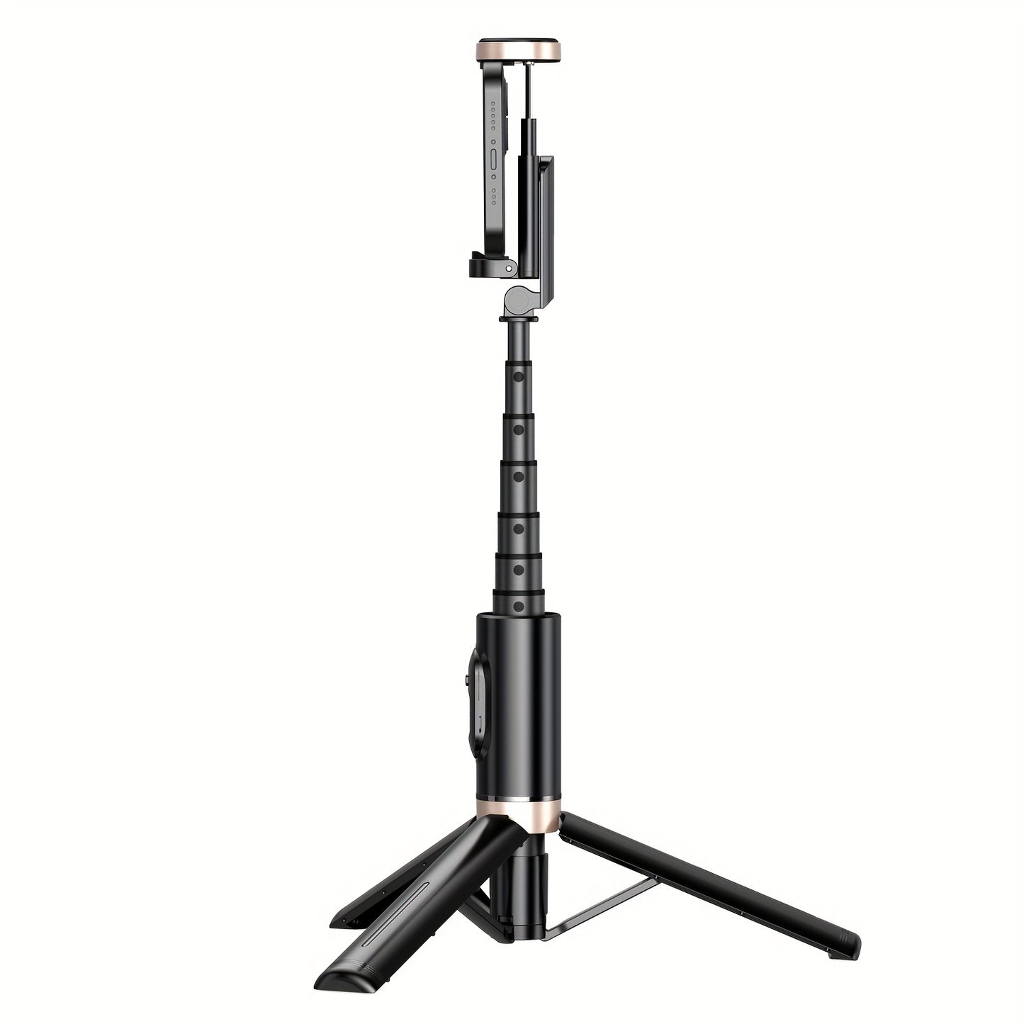 Black and rose gold selfie stick with tripod attachment on a white background