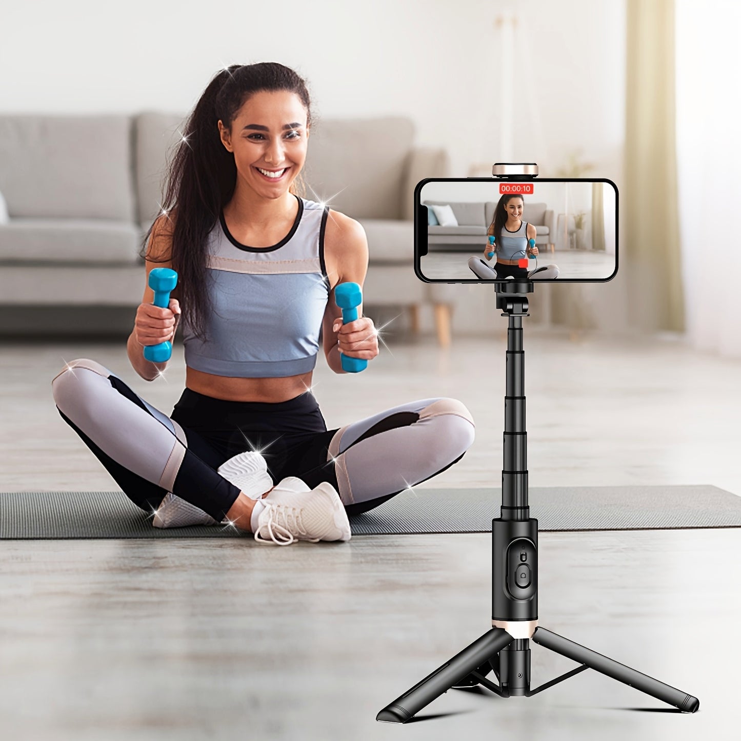 Woman exercising with dumbbells, using a smartphone on a tripod to record or take a photo.