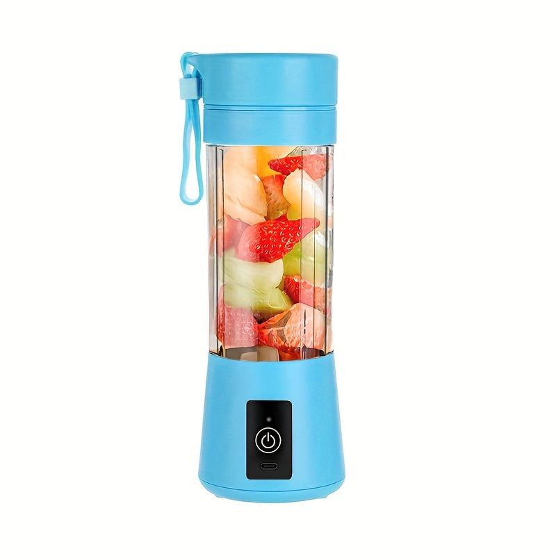 Blue portable blender with fruits inside on a white background