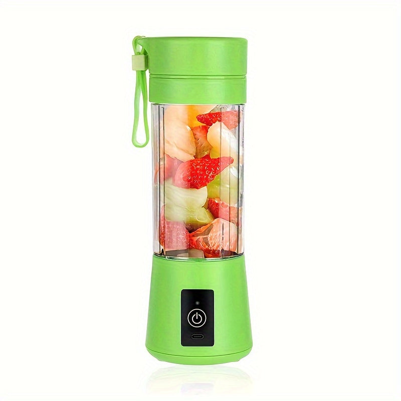 Green portable blender with fruits inside on a white background