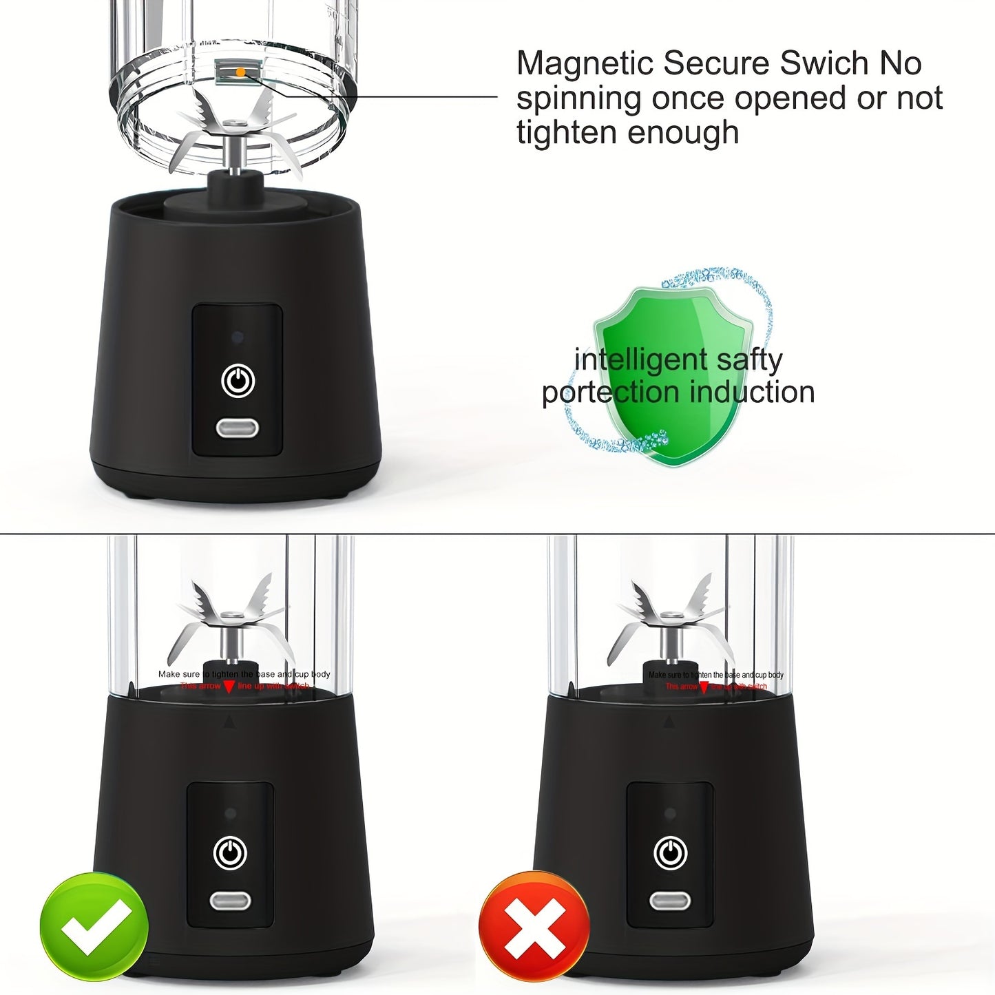 Black blender with safety features highlighted on a white background