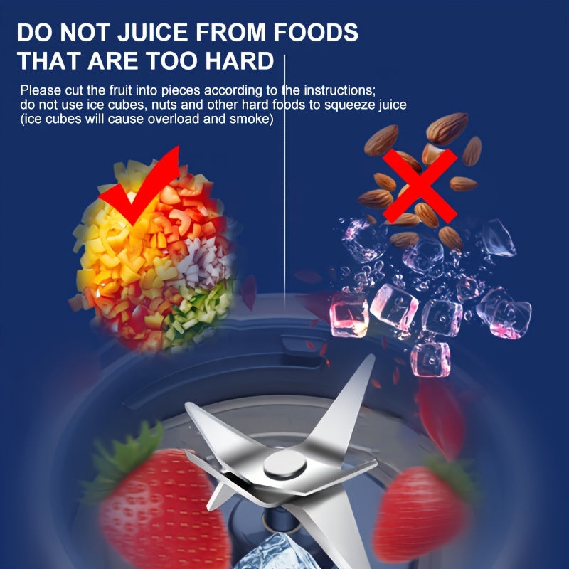 Blender with ingredients and text advising against using hard foods like nuts and ice cubes.