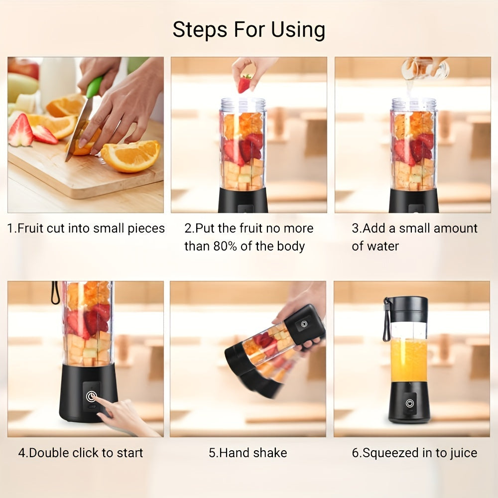 Step-by-step guide on using a portable blender with fruits.