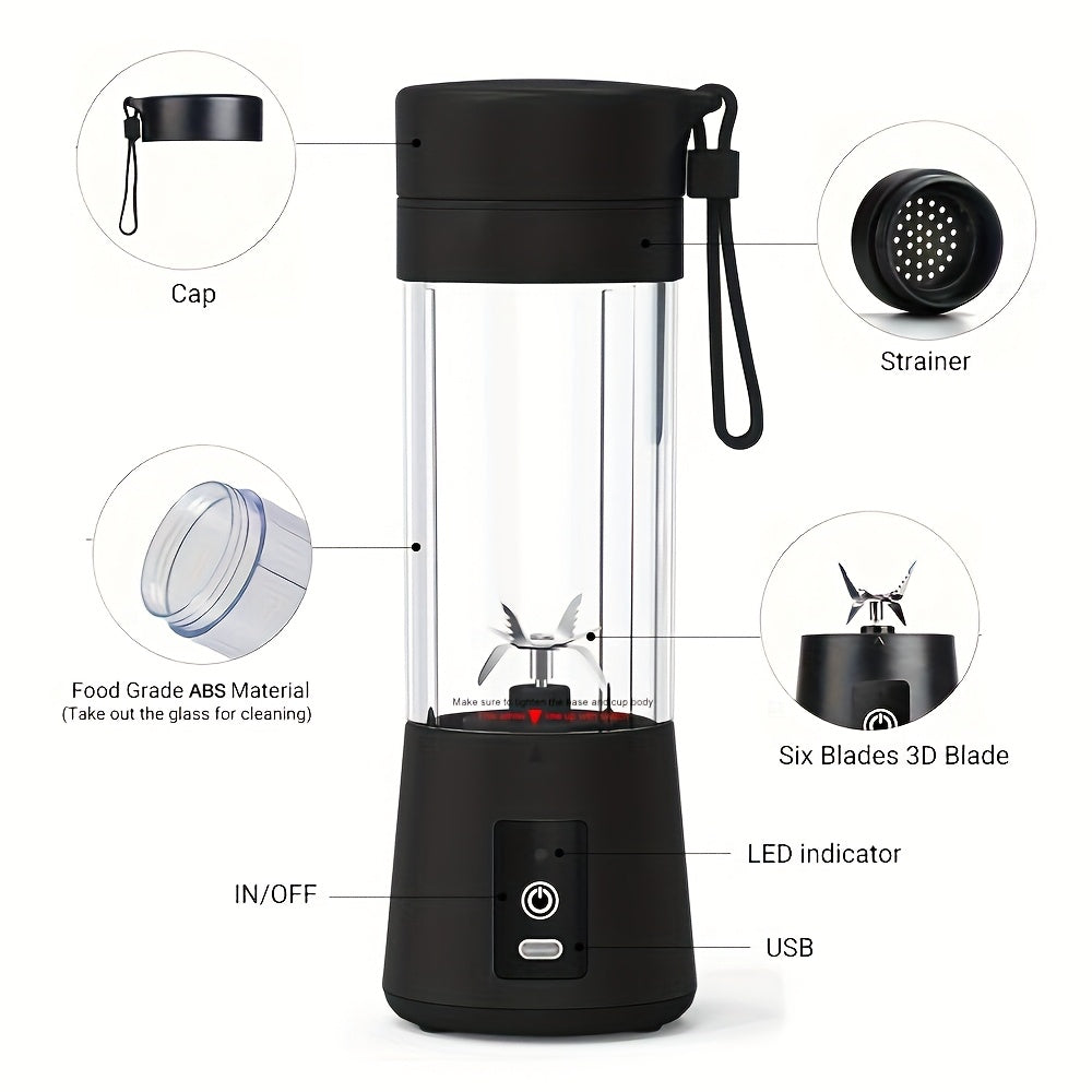 Black portable blender with labeled parts on a white background