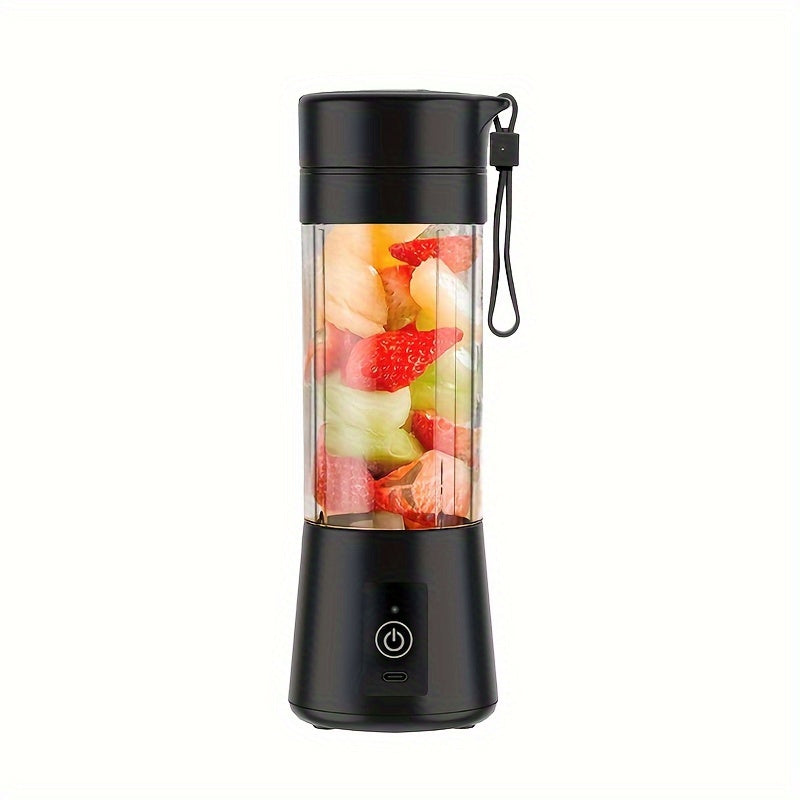 Black portable blender with fruits inside on a white background