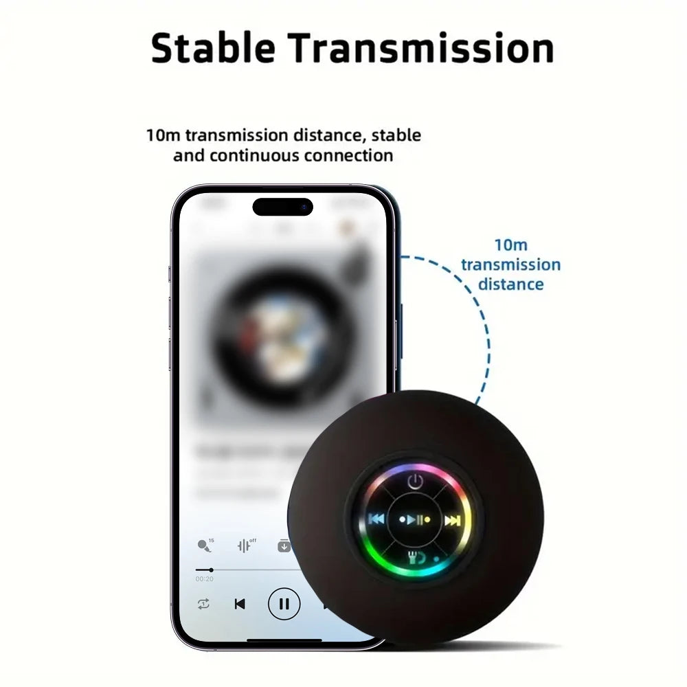 Smartphone displaying a music app with a wireless audio device showing 'Stable Transmission' text.