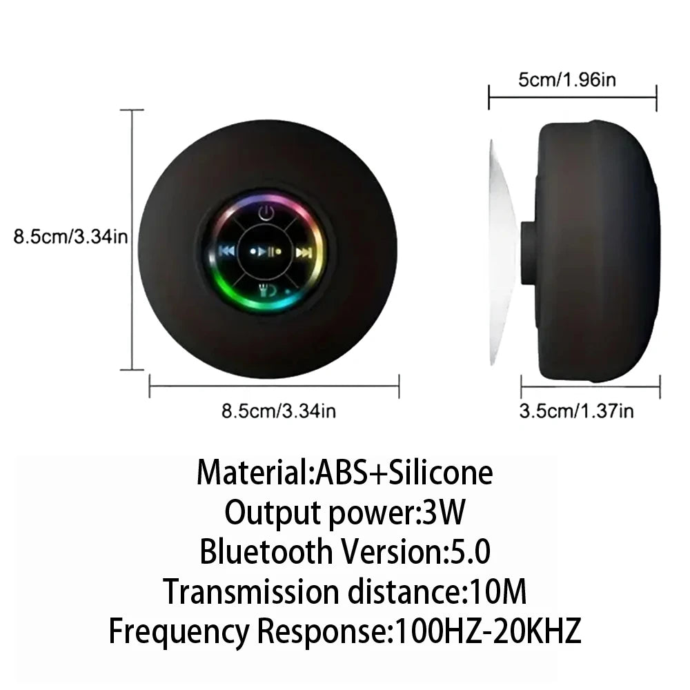 Black wireless speaker with dimensions and technical specifications on a white background