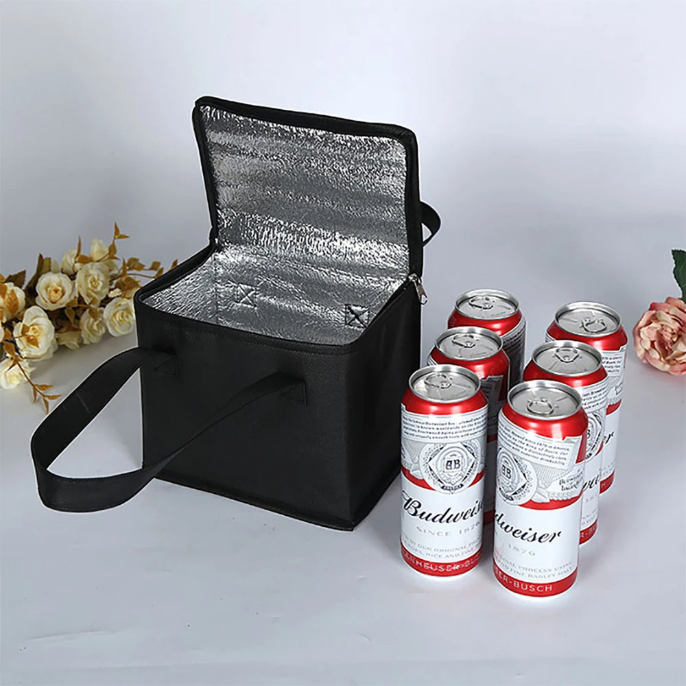 Black insulated cooler bag with Budweiser cans on a light background